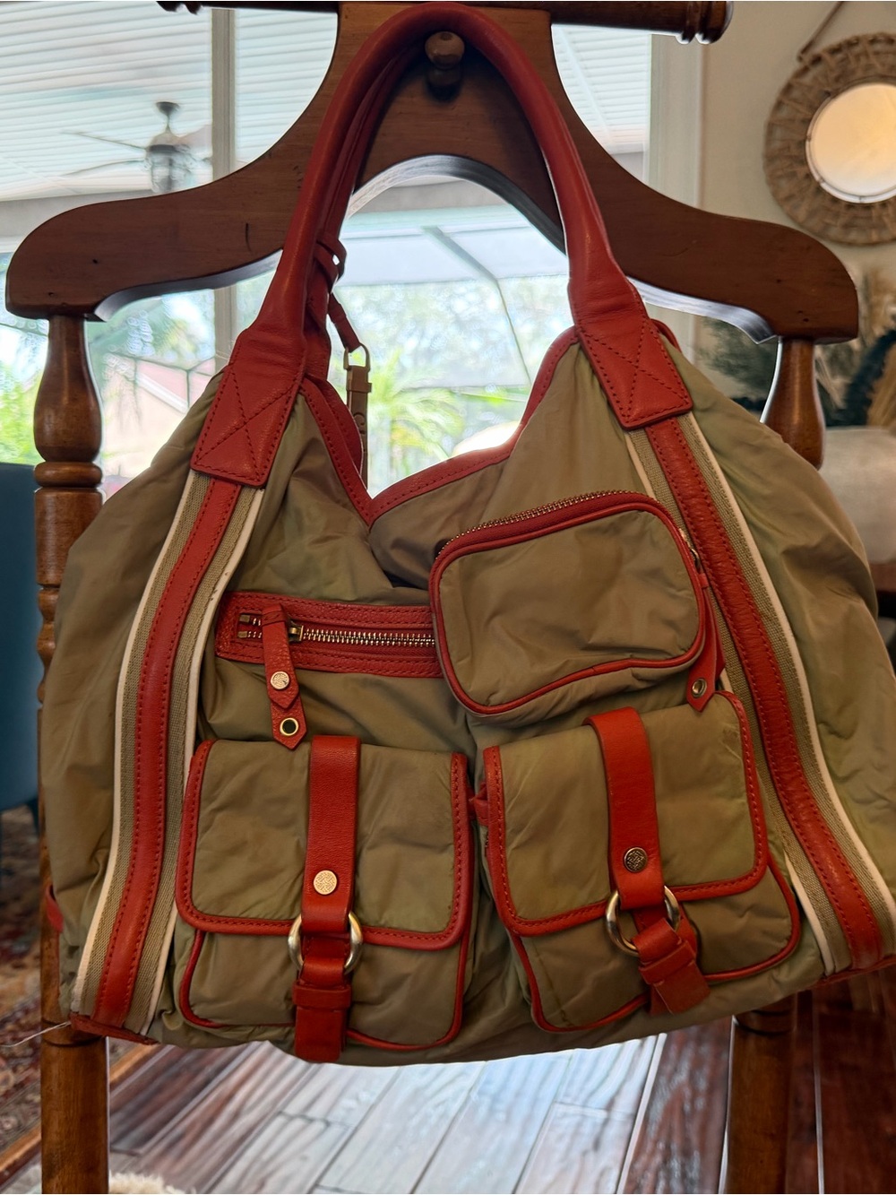 Cole Haan Khaki Nylon & Orange Leather Multi Pocket Tote Bag